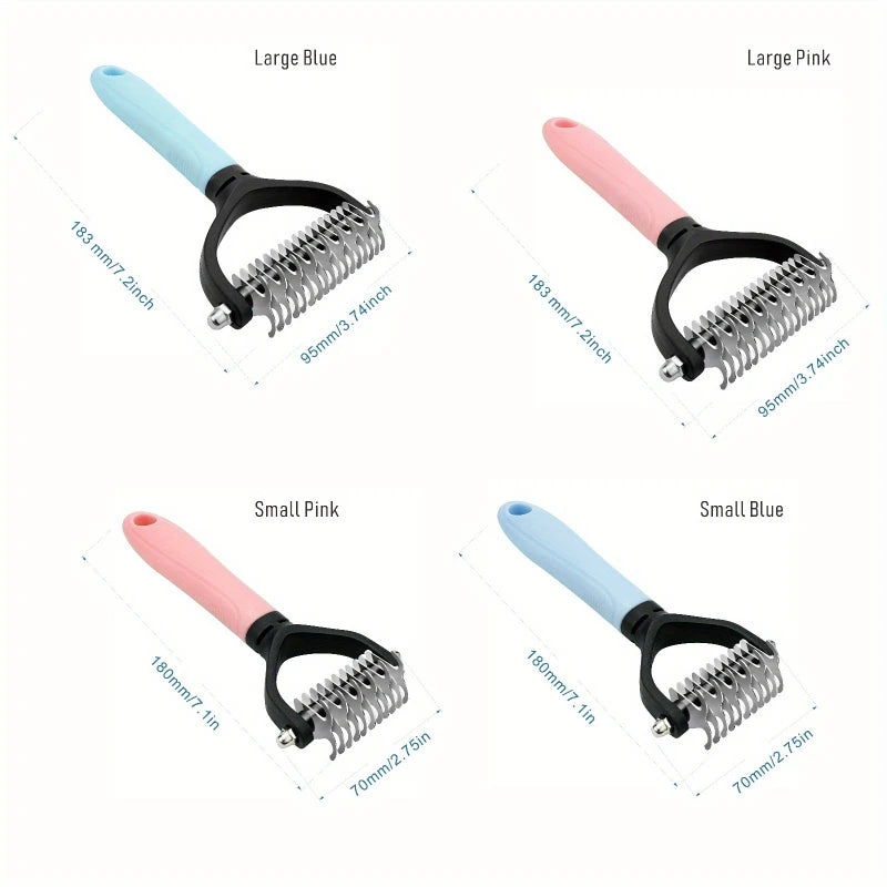 Stainless steel pet grooming combs in large and small sizes with blue and pink colors