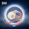 A white retractable LED dog leash with an orange strap and a glowing strip is shown against a dark blue background.