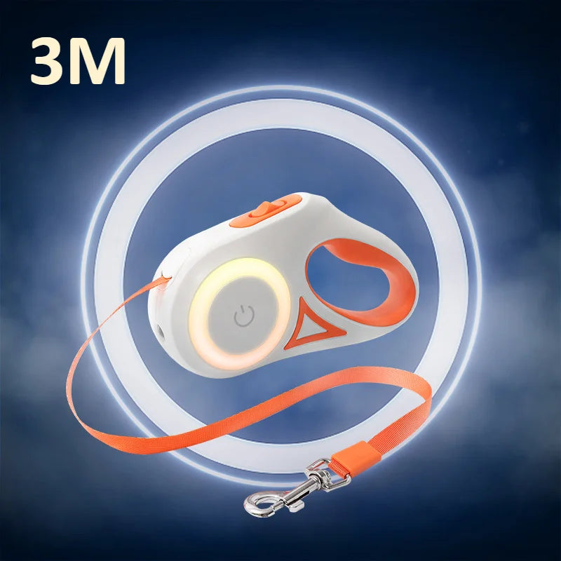 A white retractable LED dog leash with an orange strap and a glowing strip is shown against a dark blue background.