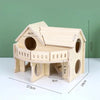 A natural wooden hamster house with an activity platform and various openings, shown from the side.