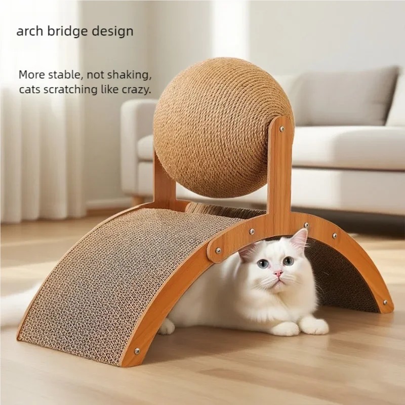 Doppel-Katzenkratzspielzeug mit Holzbrücke, Sisal-Brett und Holzball für Katzen.