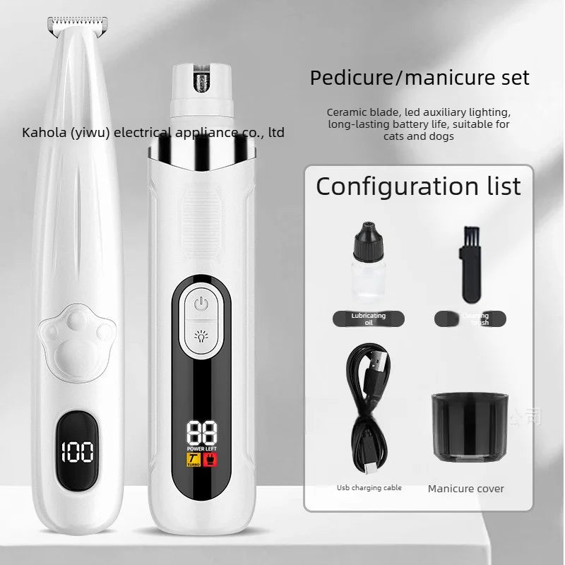 A white pet nail grinder set featuring a handheld device and a larger unit, with components for pedicure and manicure.