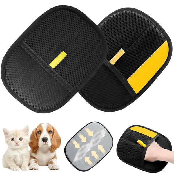 Black reusable pet hair removal gloves shown with a small kitten, a puppy, and the product itself.