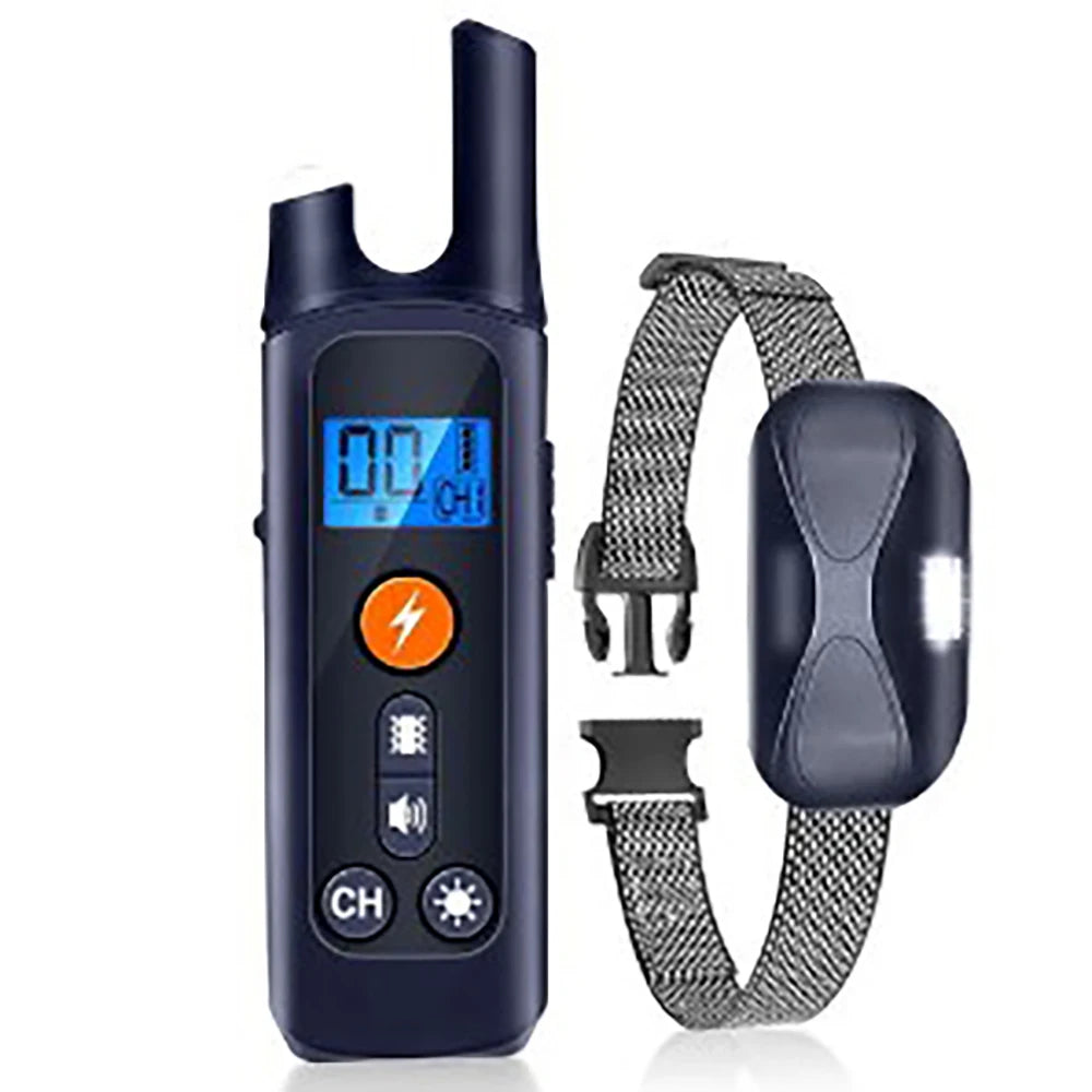 A dark blue rechargeable dog training collar with a remote and strap is shown against a white background.