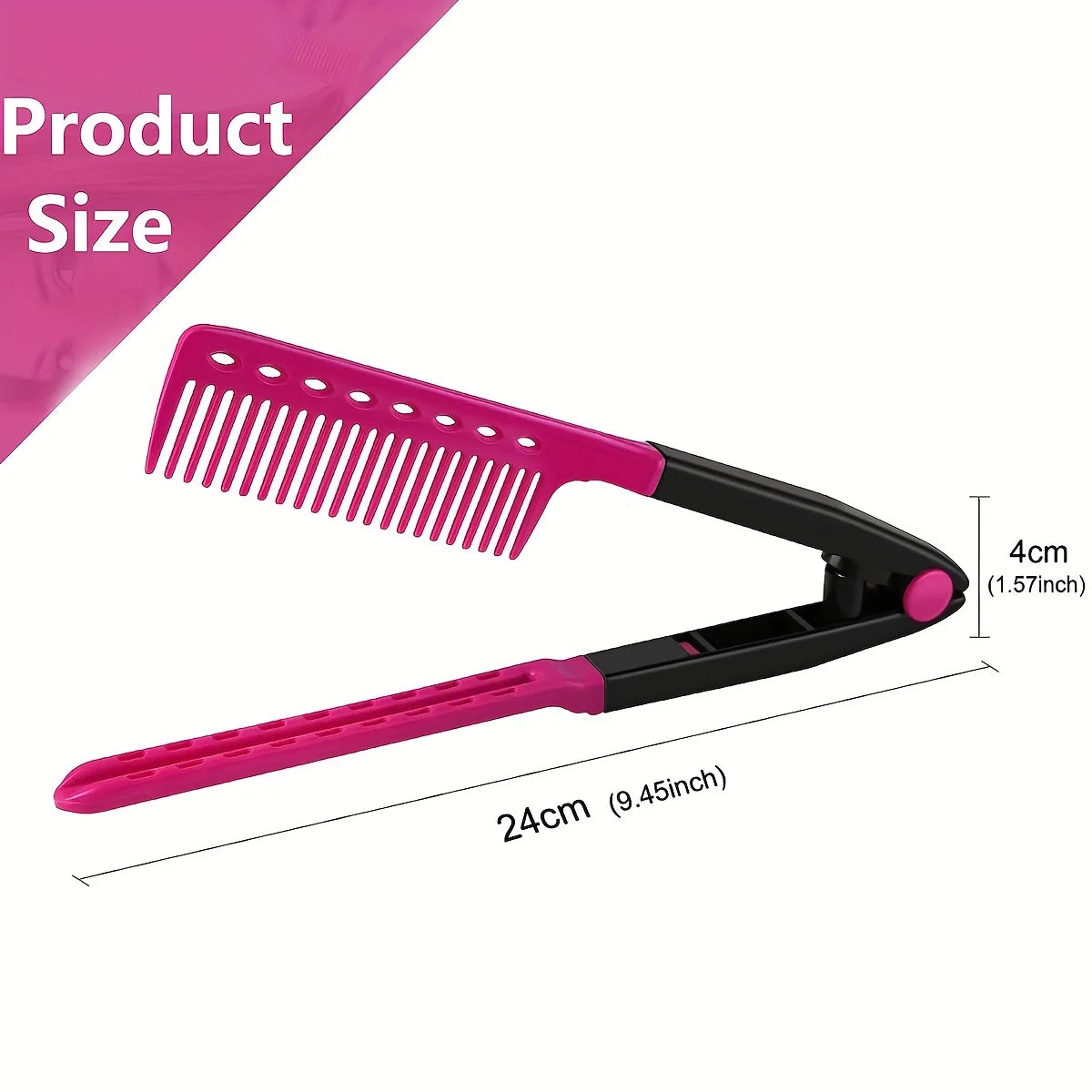 Peigne lisseur en forme de V rose et noir avec des pointes de 4 cm, présenté à plat.
