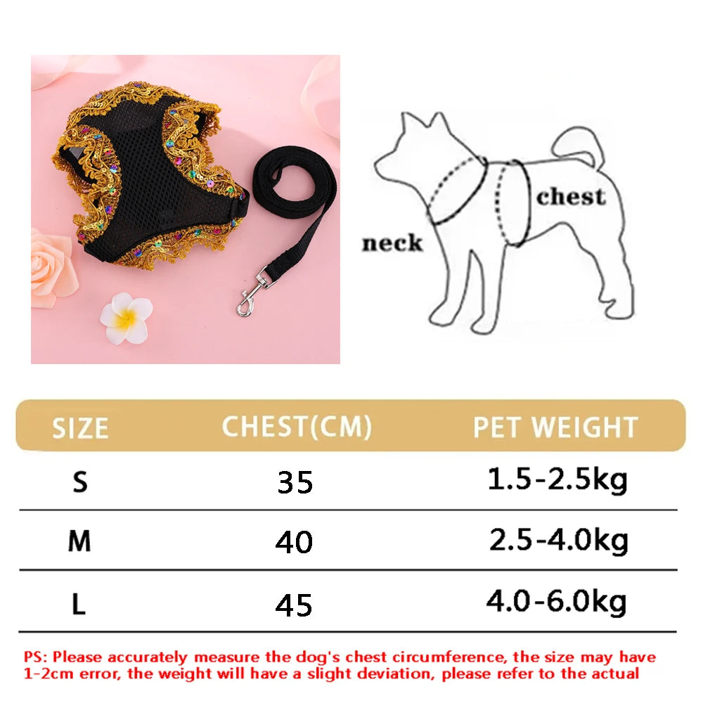 A set of black butterfly pet harnesses in sizes S, M, and L with corresponding chest measurements and pet weight ranges.