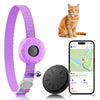 A purple waterproof GPS pet tracker collar for cats and small dogs shown with the device and a cat on a smartphone screen.