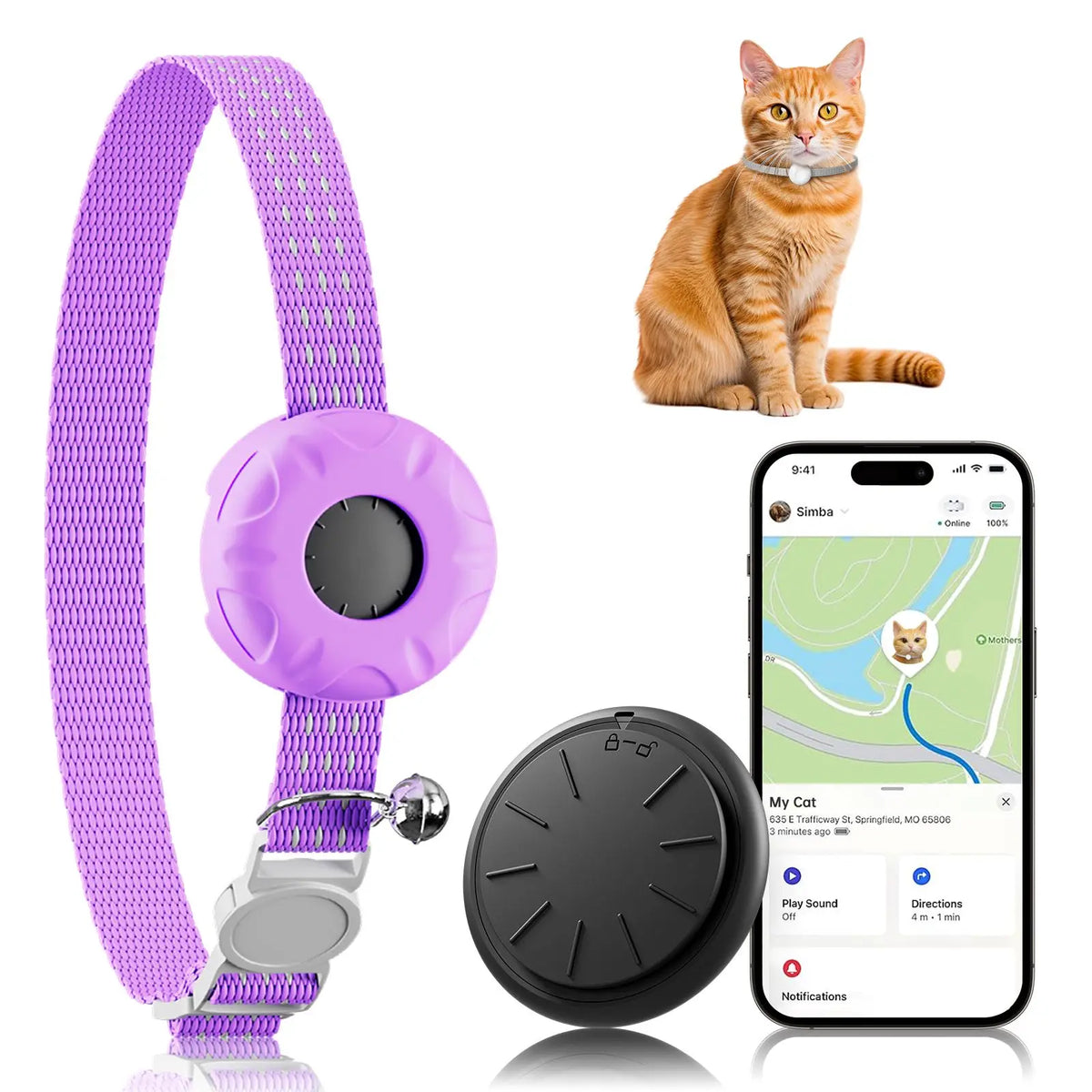 A purple waterproof GPS pet tracker collar for cats and small dogs shown with the device and a cat on a smartphone screen.