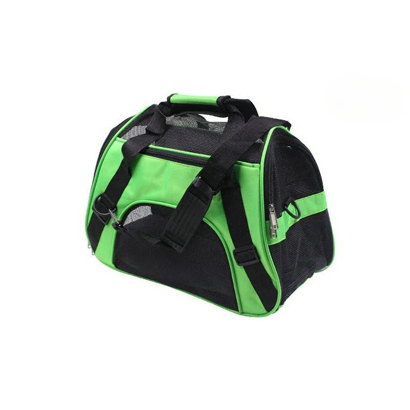 A bright lime green and black portable foldable pet carrier for cats and dogs.