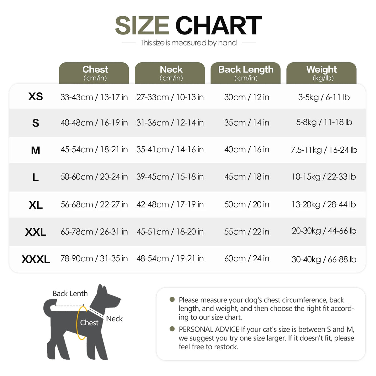 Tableau des tailles pour un gilet anti-anxiété pour chiens, montrant les mesures pour différentes tailles