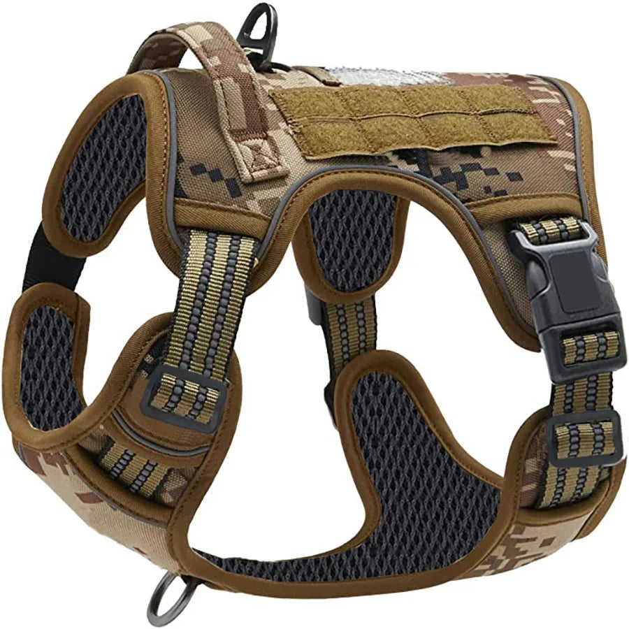 A brown tactical dog harness with a padded chest and secure buckle is shown from the back.