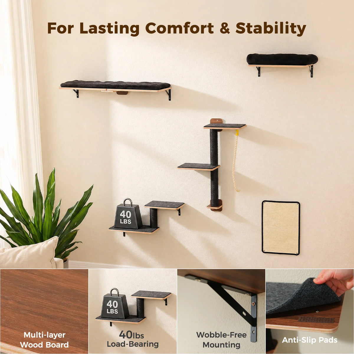 Wall-mounted cat climbing set featuring multi-layer wood boards and anti-slip pads for comfort and stability