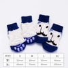 A set of cute pet dog and cat shoes in various sizes S to XL with blue and white accents
