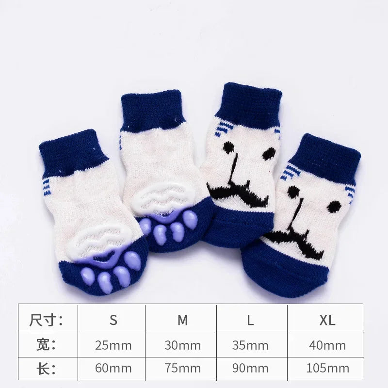 A set of cute pet dog and cat shoes in various sizes S to XL with blue and white accents