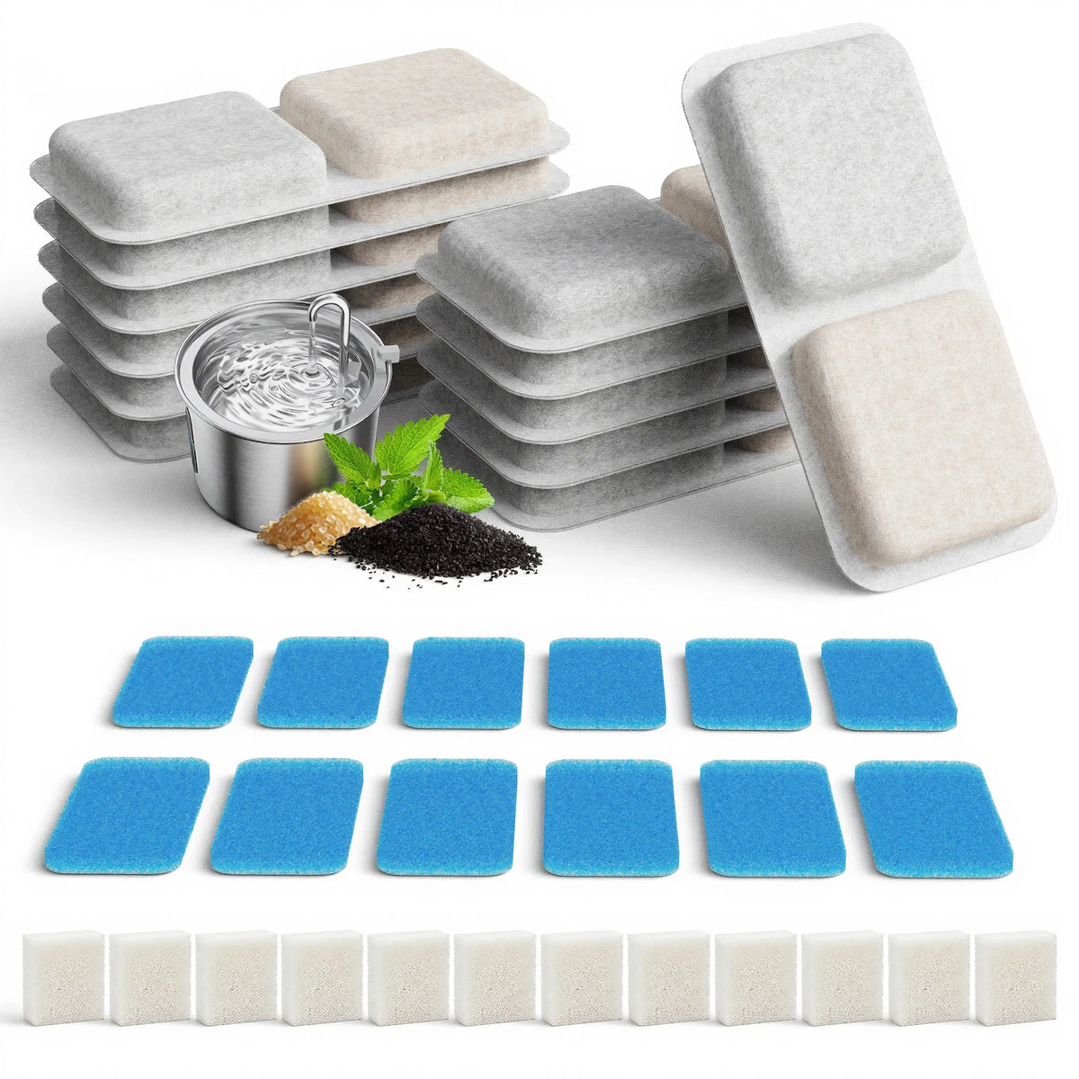 A set of replacement filters and sponges for a cat water fountain, including stacked foam filters and blue silicone filters.