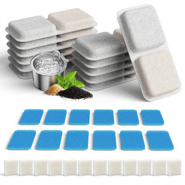 A set of replacement filters and sponges for a cat water fountain, including stacked foam filters and blue silicone filters.