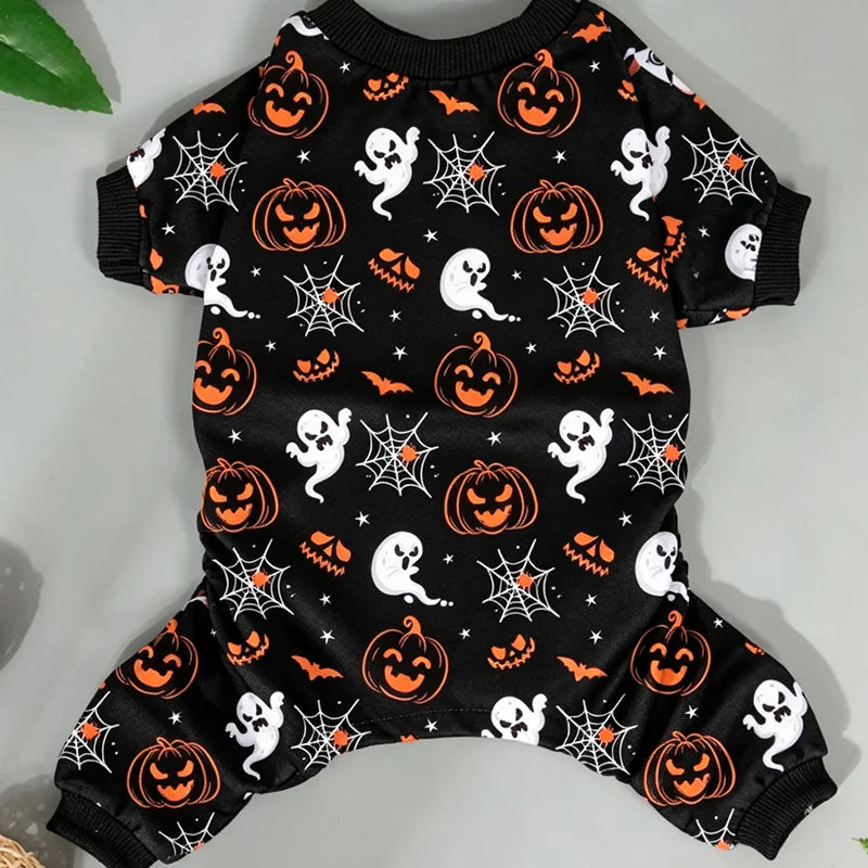 Black Halloween costume pajamas for dogs featuring orange pumpkin and spiderweb patterns