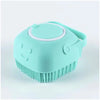 A light blue silicone pet bathing massage glove with a rounded head and bristled base.
