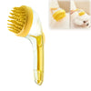A yellow silicone pet bath brush with a dispenser is shown next to images of it being used on a white dog.