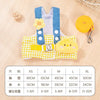 A yellow and blue cartoon dog harness vest with a yellow leash is displayed on a wooden surface.