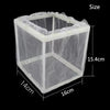 A clear, square isolation box for fish breeding, measuring 14cm by 16cm with a height of 15.4cm.