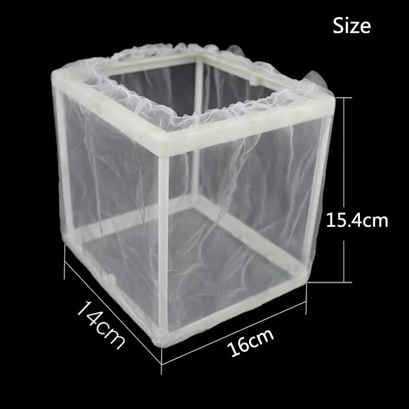 A clear, square isolation box for fish breeding, measuring 14cm by 16cm with a height of 15.4cm.