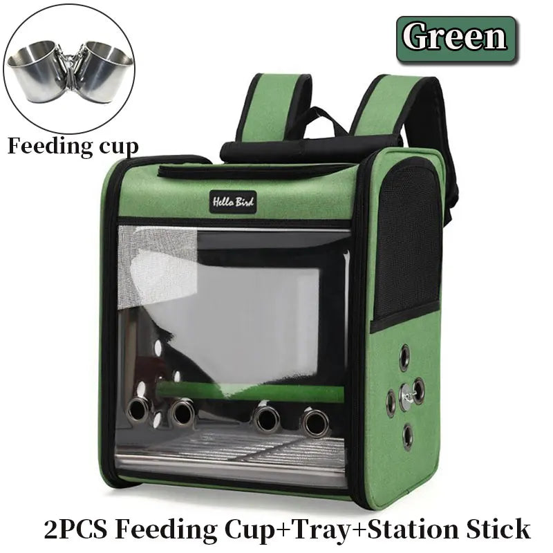 Green ventilated bird travel backpack with perch and feeding cups tray and station stick