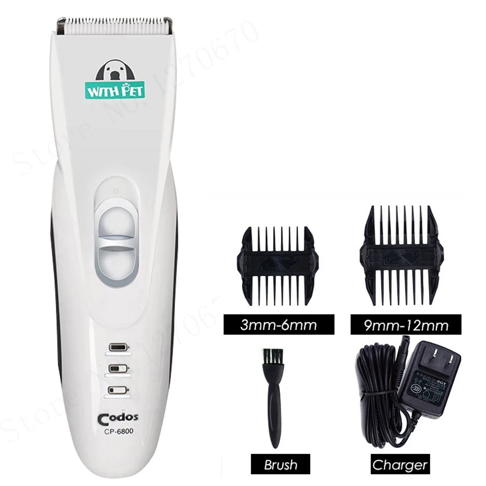 Weiße, wiederaufladbare Haartrimmer für Haustiere mit abnehmbarem Bürstenkopf und Ladegerät.