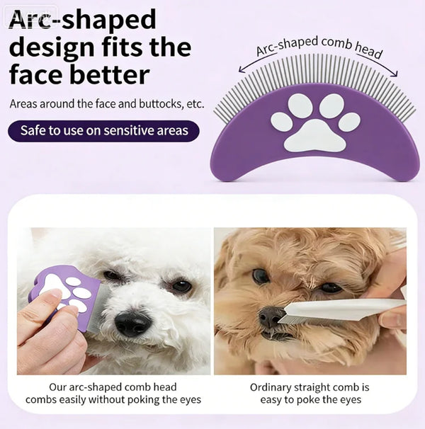 Purple arc-shaped grooming comb used on a dog's face for sensitive areas