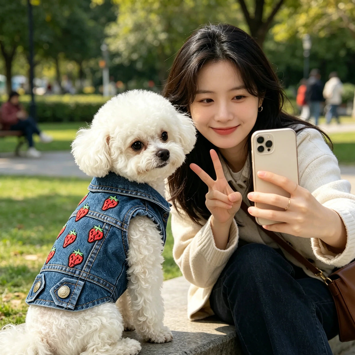 A young woman is holding a white poodle wearing a denim pet jacket outdoors.