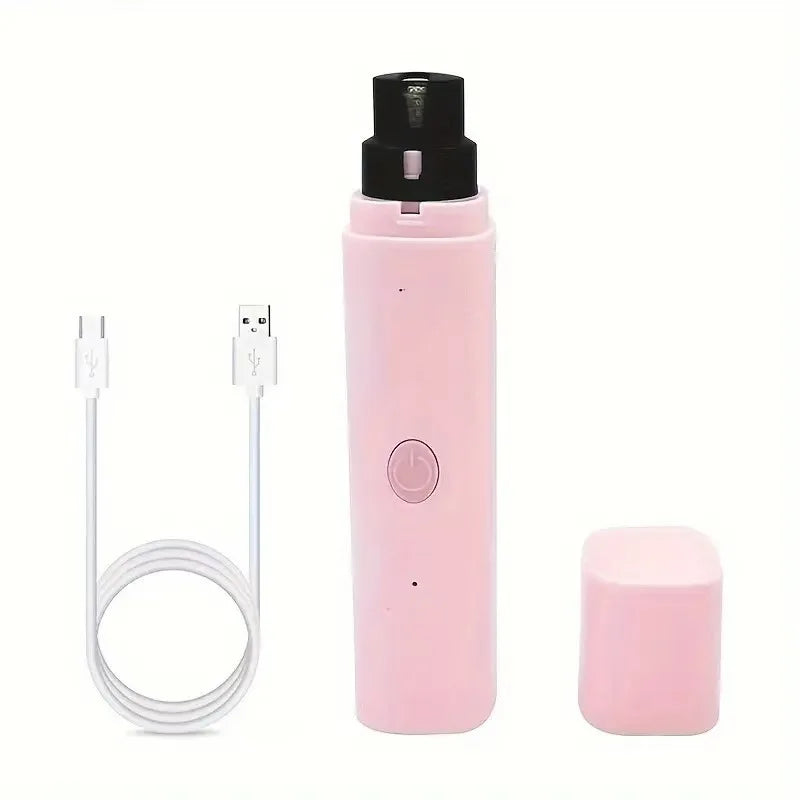 A pink quiet rechargeable pet nail grinder with a black cap and a separate pink grinding unit.