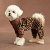 A white poodle wearing brown leopard print dog pajamas, standing on a neutral background.