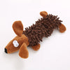 A brown plush donkey dog toy with a shaggy texture and a white facial marking.