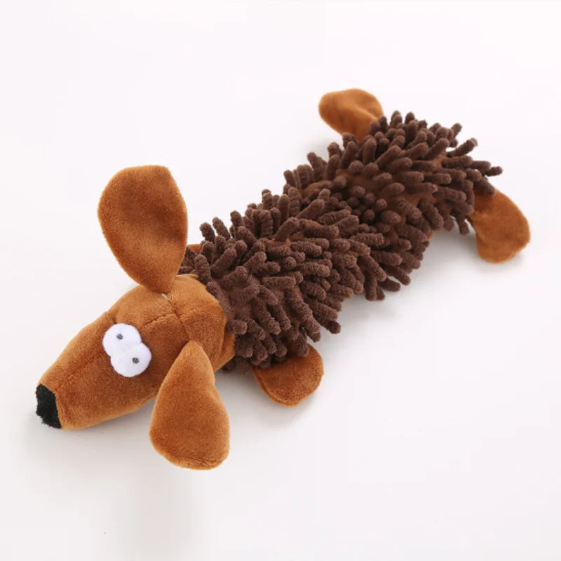 A brown plush donkey dog toy with a shaggy texture and a white facial marking.