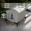 A gray pet bed with a folding design is shown outdoors on a metal stand, featuring size options for different weight limits.