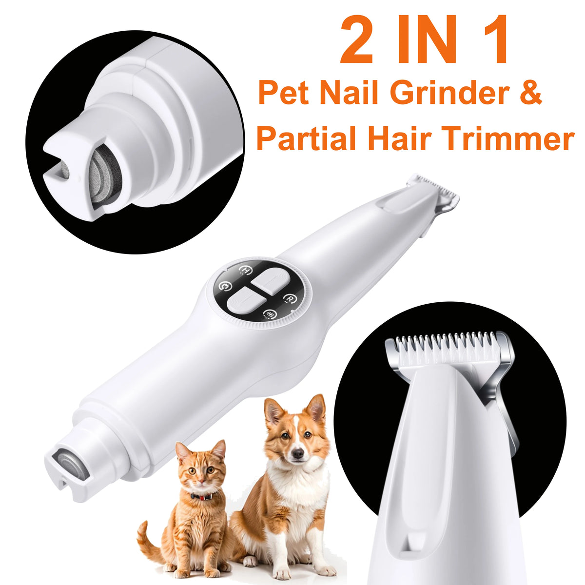 Weißer 2-in-1 Nagelschleifer und Haartrimmerwerkzeug neben zwei Katzen.