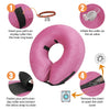 Instructions show how to insert a collar, inflate the cover, fasten the strap, and remove the insert for washing.