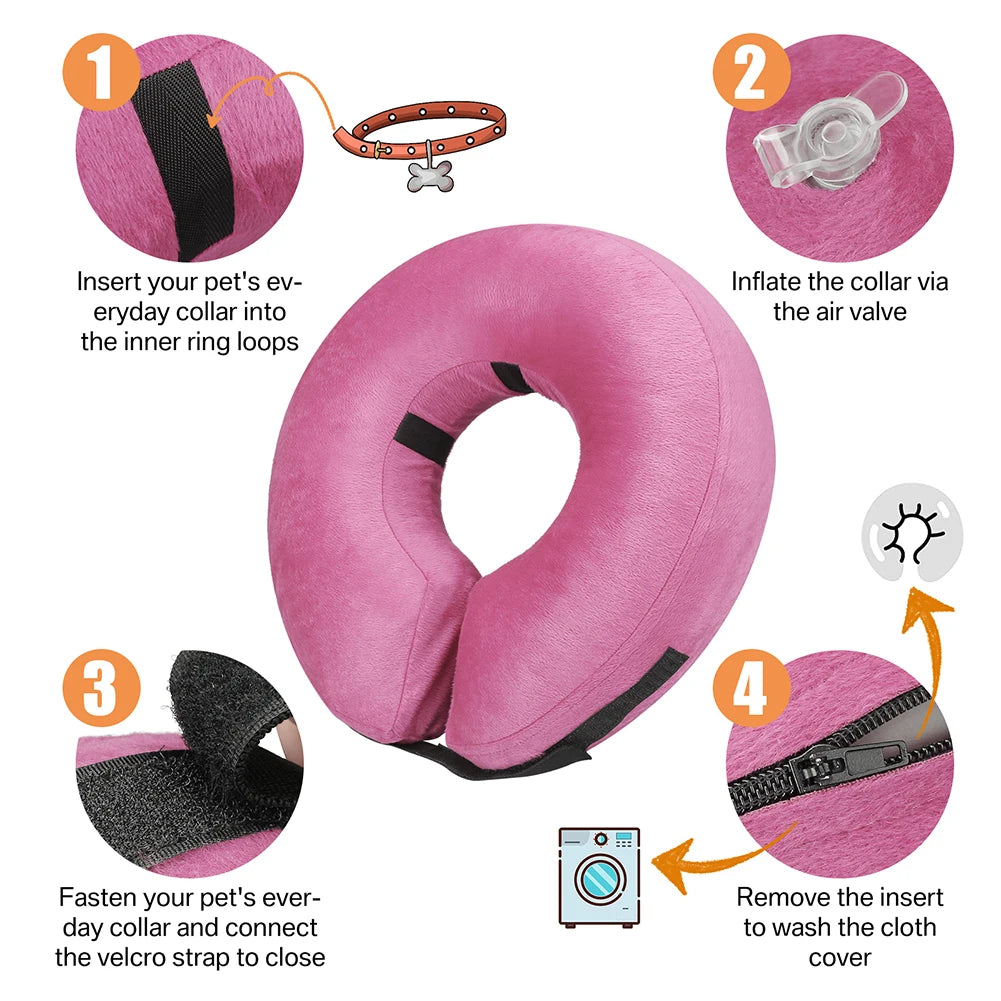 Instructions show how to insert a collar, inflate the cover, fasten the strap, and remove the insert for washing.