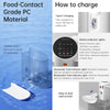 A clear plastic water tank dispenser for pet drinking water, shown next to a Type-C charging cable and indicator lights.
