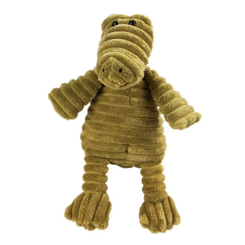 A plush, olive green corduroy squeaky dog toy shaped like an animal.