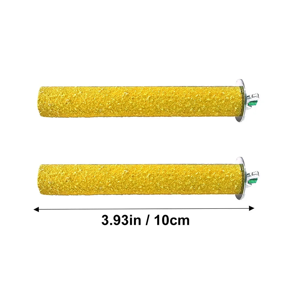 A yellow, cylindrical natural wooden perch stand for parrots and birds.