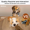 Comparison image showing a puppy before and after using crinkle squeaky dog toys for quality playtime and interaction.