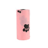 A roll of pink biodegradable dog waste bags with a dispenser visible.