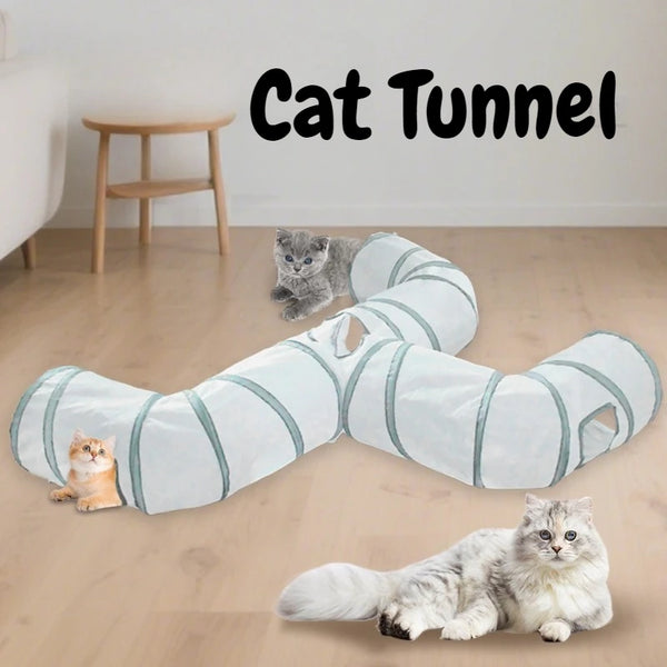 A light blue and white collapsible cat tunnel is shown with a kitten playing on it.