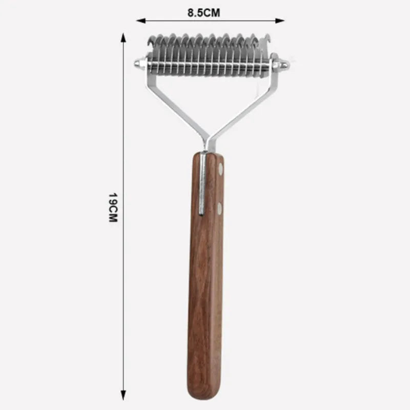 A wooden dog grooming comb and brush set with a metal comb attachment, shown against a white background.