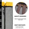 Details page showing a close-up of a gray mesh storage bag with a yellow top, highlighting quality assurance and craft featur