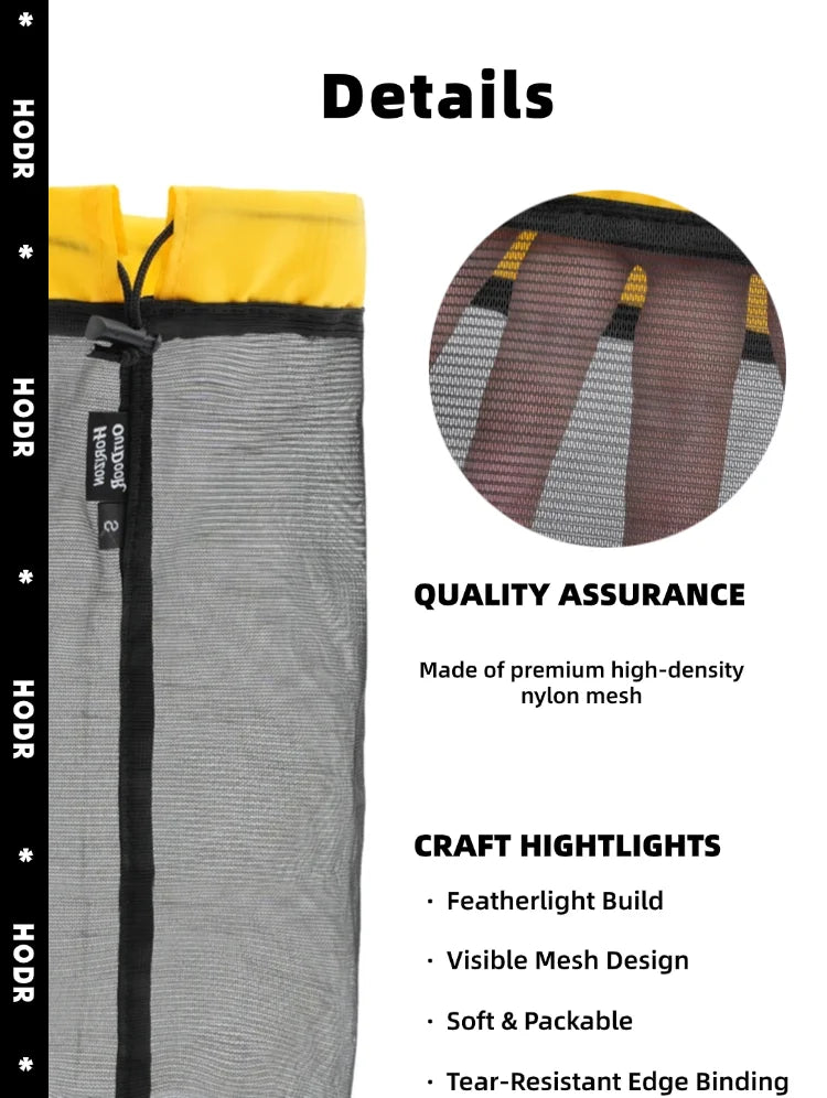 Details page showing a close-up of a gray mesh storage bag with a yellow top, highlighting quality assurance and craft featur