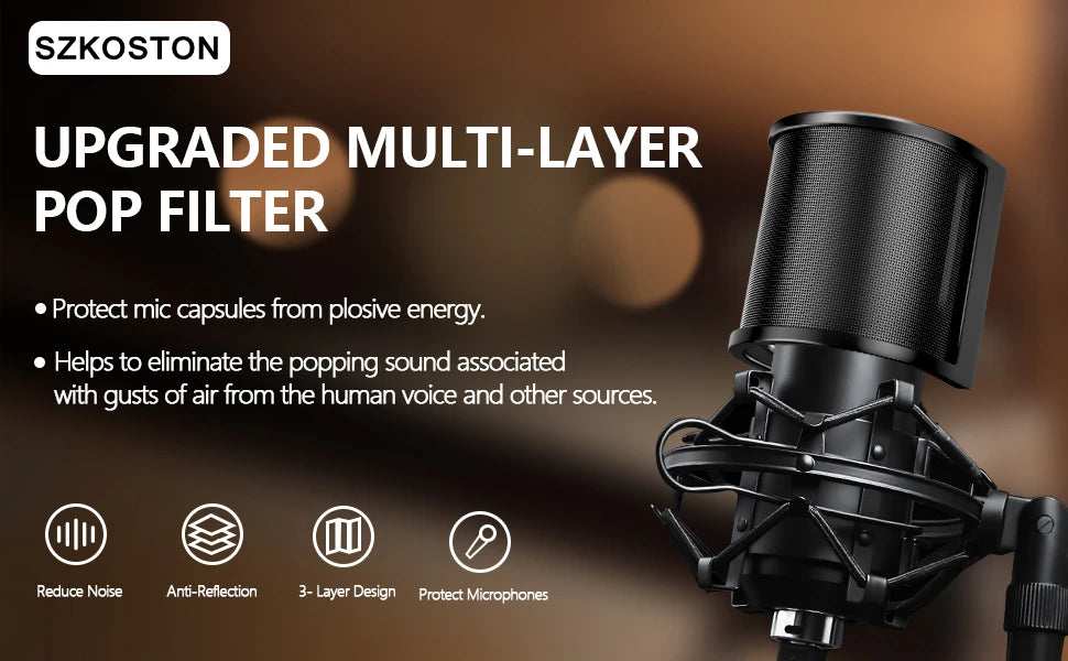 Schwarzes, aufgerüstetes Mehrlagiges Pop-Filter-Mikrofon vor dunklem Hintergrund