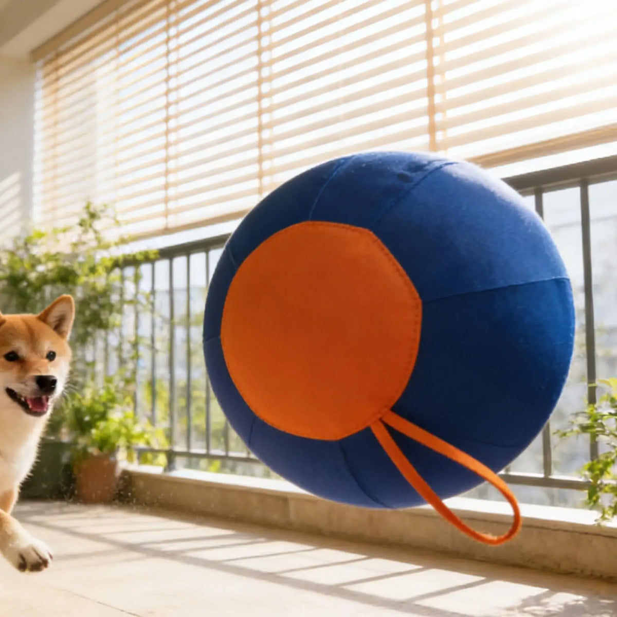 A fluffy dog is looking at a large blue and orange interactive herding ball resting on a windowsill.