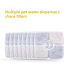 Multiple pet water dispensers with shared filters arranged in a rectangular tray.